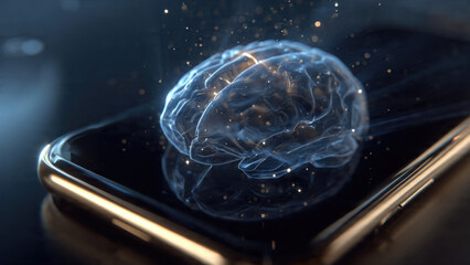 A glowing, translucent brain hovers above a smartphone, symbolizing artificial intelligence, smart technology, and the digital mind connection.