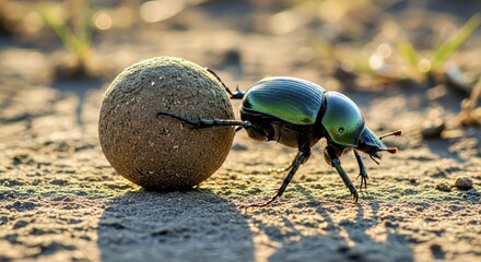A close-up of a dung beetle (Scarab) pushing its perfectly formed ball 3