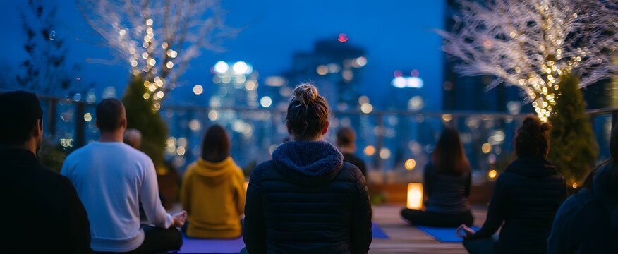 Frost-kissed rooftop space invites calm peaceful hearts to winter yoga gathering.