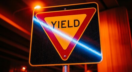 Illuminated Yield Sign Illuminated In Low Light Conditions Abstract Photography