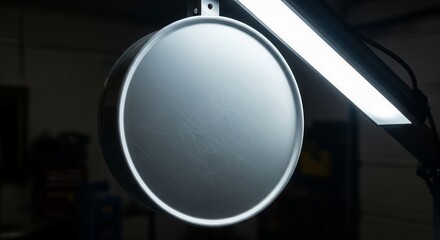 Industrial Spotlight Illuminating Round Metal Object with Scratches and Dark Background