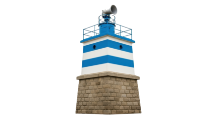 Isolated coastal observation tower, nautical building with blue, stone and speaker horn design