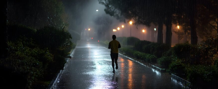 Glistening pavement leads a night runner through steady rain and soaking drops.