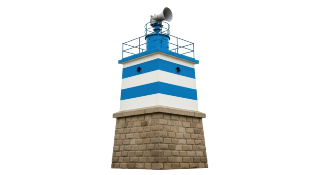 Isolated coastal observation tower, nautical building with blue, stone and speaker horn design