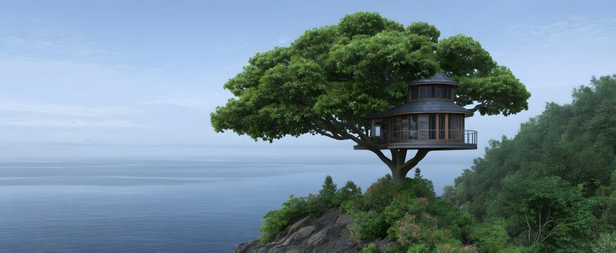 Innovative minds unite in a serene lush treetop retreat overlooking the vast ocean.