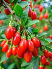 Close-up view of bright red goji berries with vibrant color and slight dew on the surface