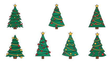 Collection of Christmas Tree Illustrations with Festive Decorations for Holiday Designs