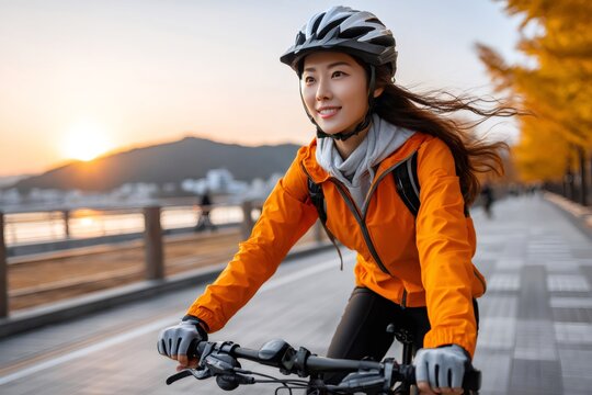 Young asian woman cycling during autumn sunset - Powered by Adobe