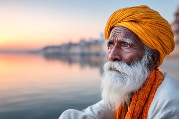 Elderly indian man with turban contemplating sunset by river