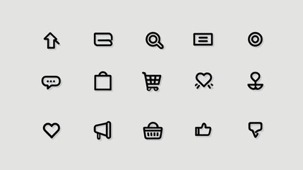 Minimalist outline vector icons set for e-commerce, web, and mobile app user interfaces, including shopping, search, communication.