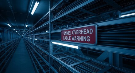 Industrial Underground Cable Pathway Showing A Warning Sign in Dark Blue Lighting