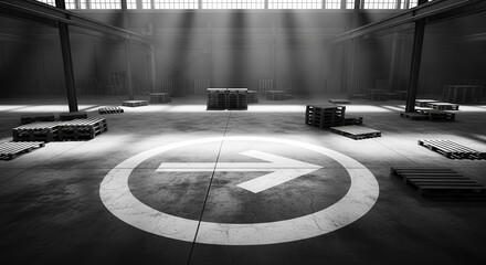 Industrial Ambience Featuring Directional Sign With Pallets in Monochrome Style
