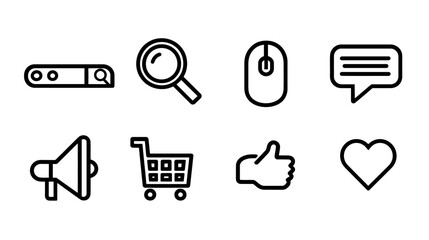 Outline E-commerce, Communication, and Social Media Icons Set. Web interface symbols for online shopping, search, messaging, marketing, and user interaction.