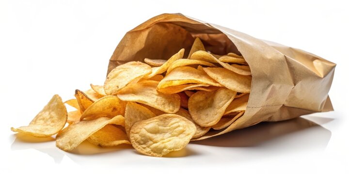 Crispy potato chip packet with a few chips spilled out