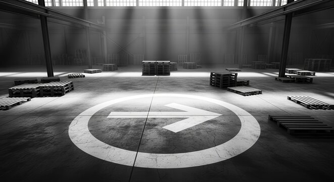 Industrial Ambience Featuring Directional Sign With Pallets in Monochrome Style