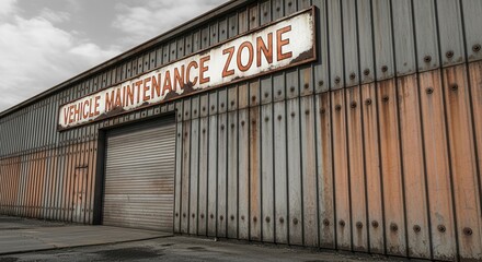 Industrial Vehicle Maintenance Area with Weathered Metal Panels and a Classic Sign