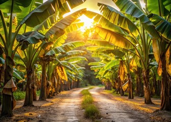 Obraz premium Sunny yellow banana leaves lined up along a winding dirt path through a sunlit plantation