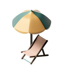 Beach umbrella and wooden lounge chair create relaxing summer holiday vibe with soft pastel colors and inviting comfort