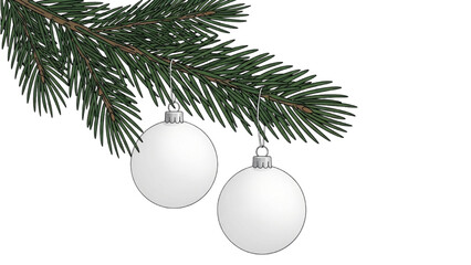 Festive Pine Branch with White Christmas Ornaments Decoration
