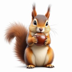 Obraz premium Cute cartoon squirrel holding a brown acorn nut close to its chest with fluffy tail isolated on white background