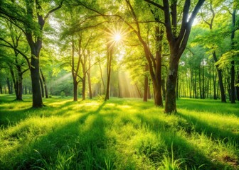 Fototapeta premium Lush green forest grass swaying gently under the warm sun's rays