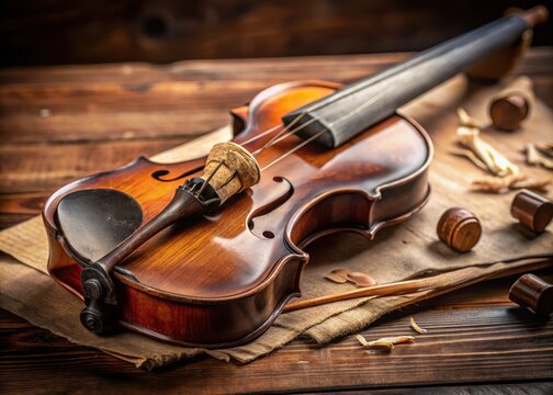 Broken violin strings exposed on a wooden scroll in a close-up studio shot