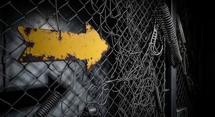 Industrial View Showcasing A Weathered Yellow Directional Arrow On A Steel Fence