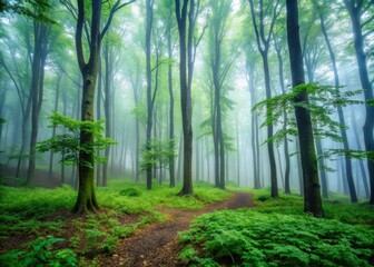 Fototapeta premium Dense foliage of trees with misty fog covering the forest floor