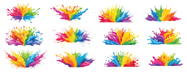 Collection of 12 colorful paint splashes and liquid explosions on white background