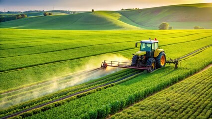 A tractor spraying a yellow liquid fertilizer over green crops in a field