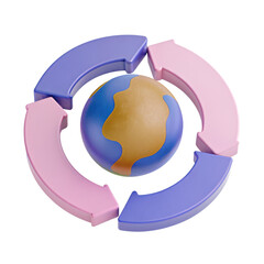 Earth globe with circular arrows in blue and pink colors symbolizing recycling and sustainability concept