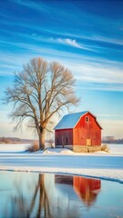 rustic red barn standing alone in a snowy winter landscape with bare trees and frozen lake