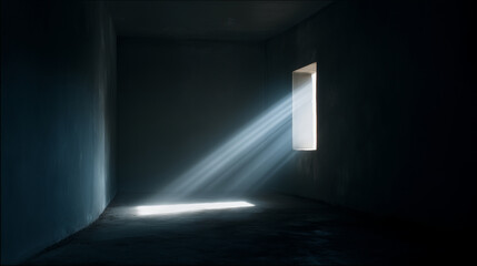 A soft beam of light entering through a simple rectangular window in an empty room.
