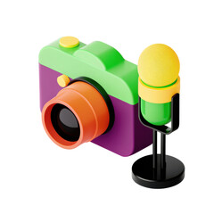 Colorful camera with microphone on stand, symbolizing content creation and multimedia recording tools