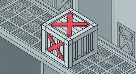 Industrial Conveyor Belt Shipping Crate With Bold Red Crosses Transport Graphic