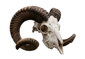 Isolated Ram Skull with Large Horns, Ancient Bone Structure, Animal Specimen with Textured Surface
