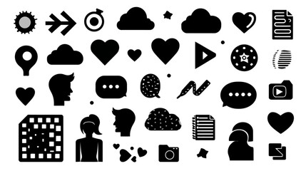 Black silhouette vector icons set for modern digital communication, social media, web interface, network, UI, UX, and interactive design elements