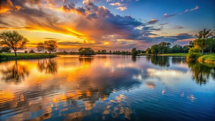 serene lake at sunset from shore to deep water reflection