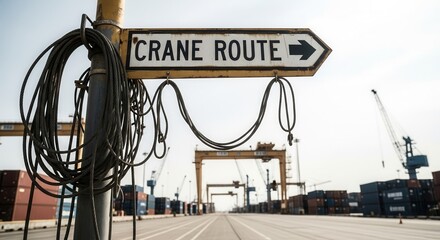 Industrial Crane Route Sign Directing Movement in Shipping Port Amidst Containers