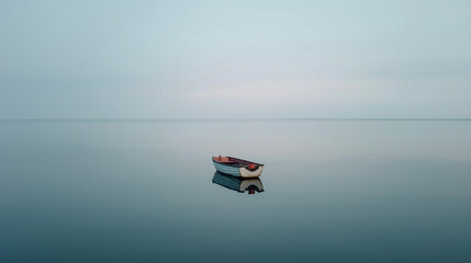 A tiny boat floating on a vast calm sea under a pale minimalist sky.