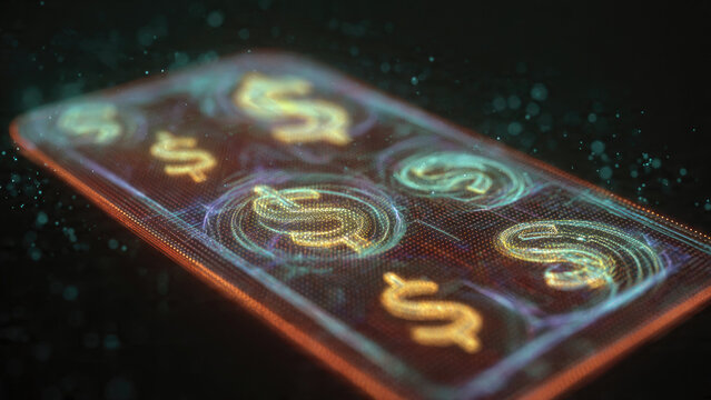 Glowing digital dollar signs on a futuristic interface, representing digital finance, cryptocurrency, online transactions, and technological wealth.