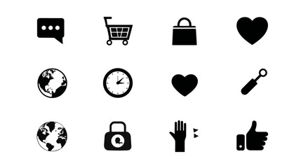 Diverse black vector web, app, and e-commerce icon set for user interface design, communication, shopping, time, and security