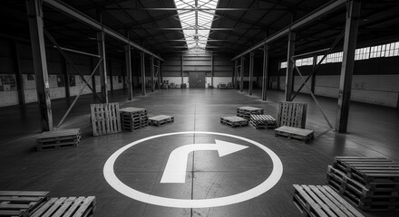 Industrial Warehouse With Turn Symbol And Pallets Providing Perspective