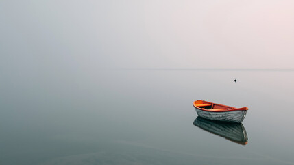 A tiny boat floating on a vast calm sea under a pale minimalist sky.