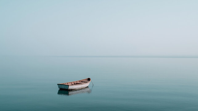 A tiny boat floating on a vast calm sea under a pale minimalist sky.