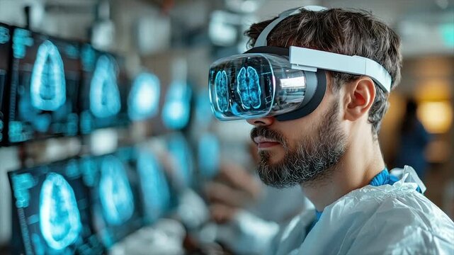 A man wearing VR headset views brain scans in a medical setting