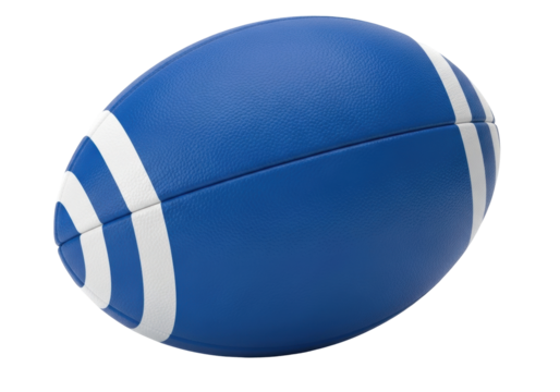 Isolated blue and white rugby ball. Sporting equipment for exercise and game sports indoors