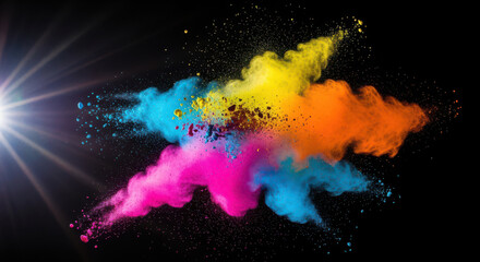 Colorful powder explosion with vibrant pigments and dynamic abstract shapes