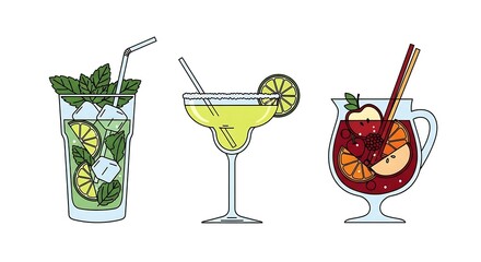 Collection of Three Refreshing Summer Cocktails on a White Background.