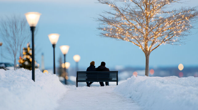 Couple sitting on bench in snowy park during winter evening with illuminated tree and street lamps along pathway